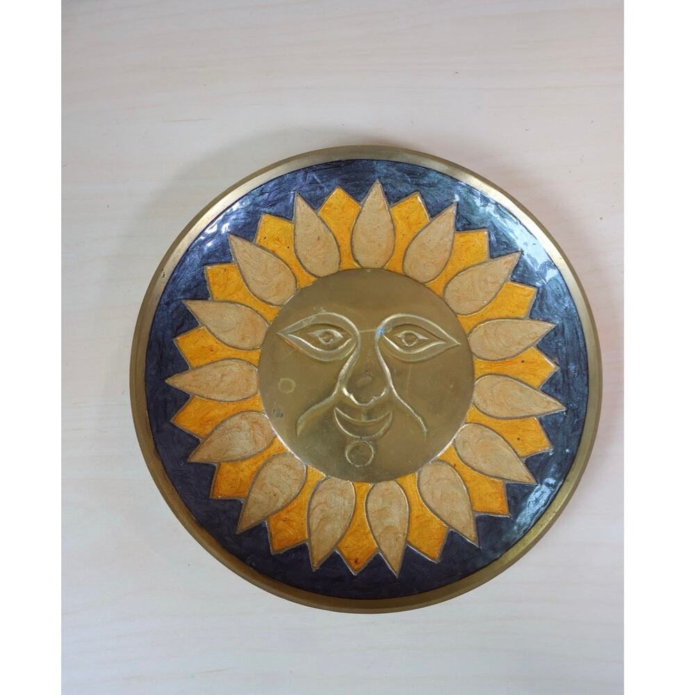 Vtg Celestial Sun Face or Sunflower Wall Enamel and Brass Hanging Plate Plaque